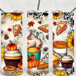 Pumpkin Pie Fall Thanksgiving Western Sunflower Cow Design Tumbler Coaster Set